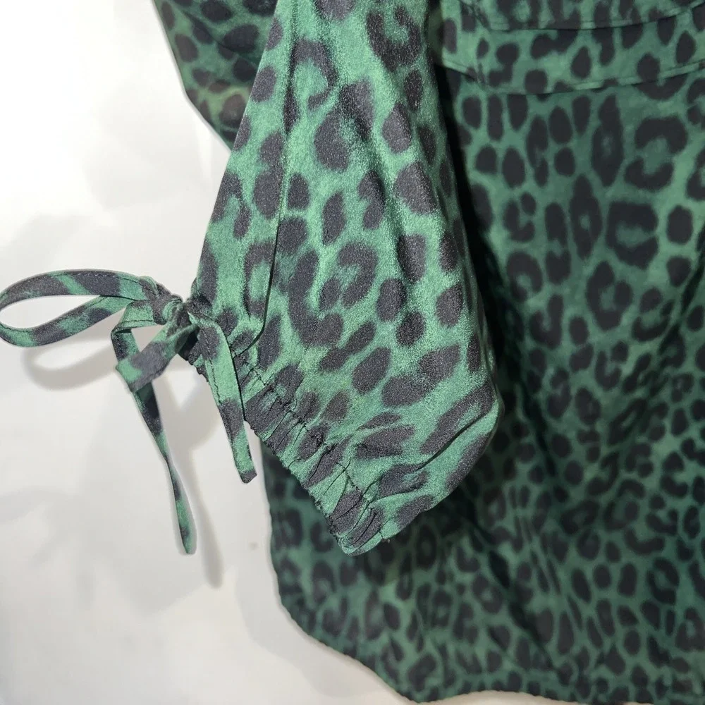 Michael Kors-Green Black Womens Size S Leopard Print Off Shoulder, Elastic Waist